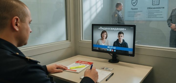 Свежая, светлая комната для свиданий в ИК: осуждённый в тёмной форме сидит за столом