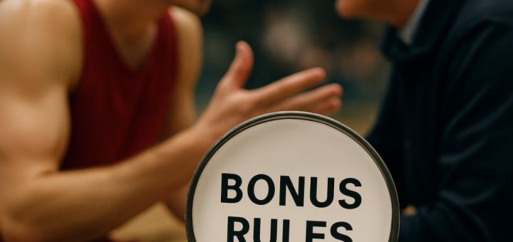 An analytical sports dispute scene focusing on bonus rules and effective communication between an