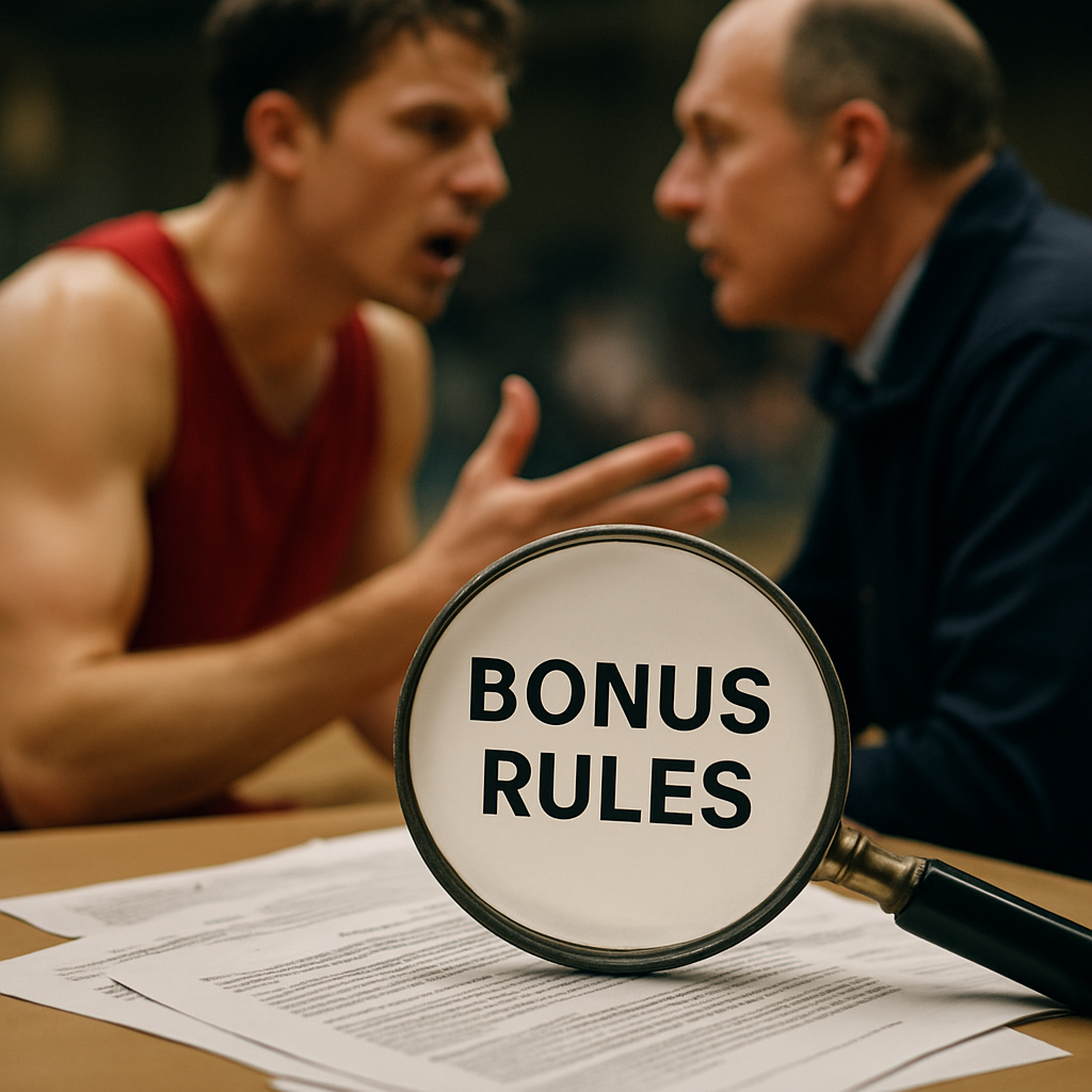An analytical sports dispute scene focusing on bonus rules and effective communication between an