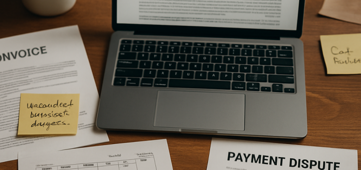 An organized desk scene depicting a gaming service payment dispute with relevant documents and