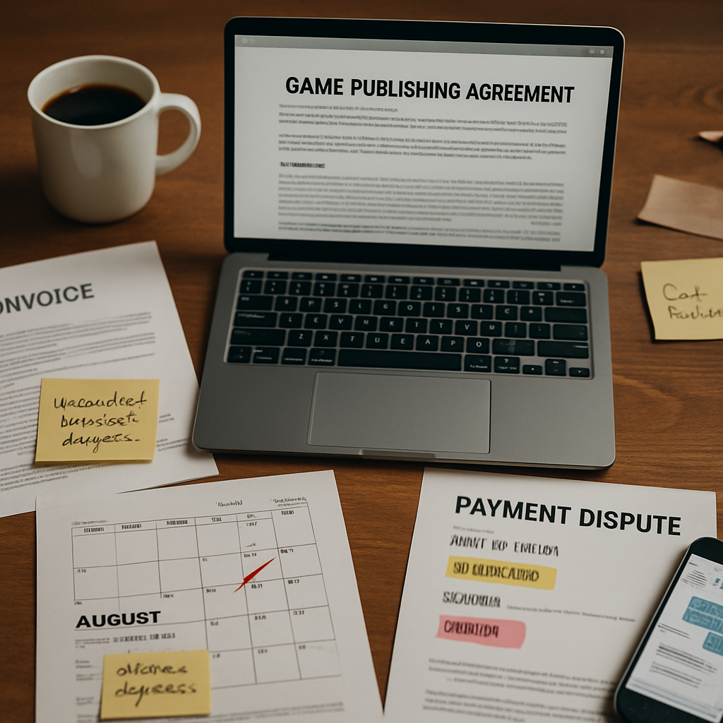 An organized desk scene depicting a gaming service payment dispute with relevant documents and