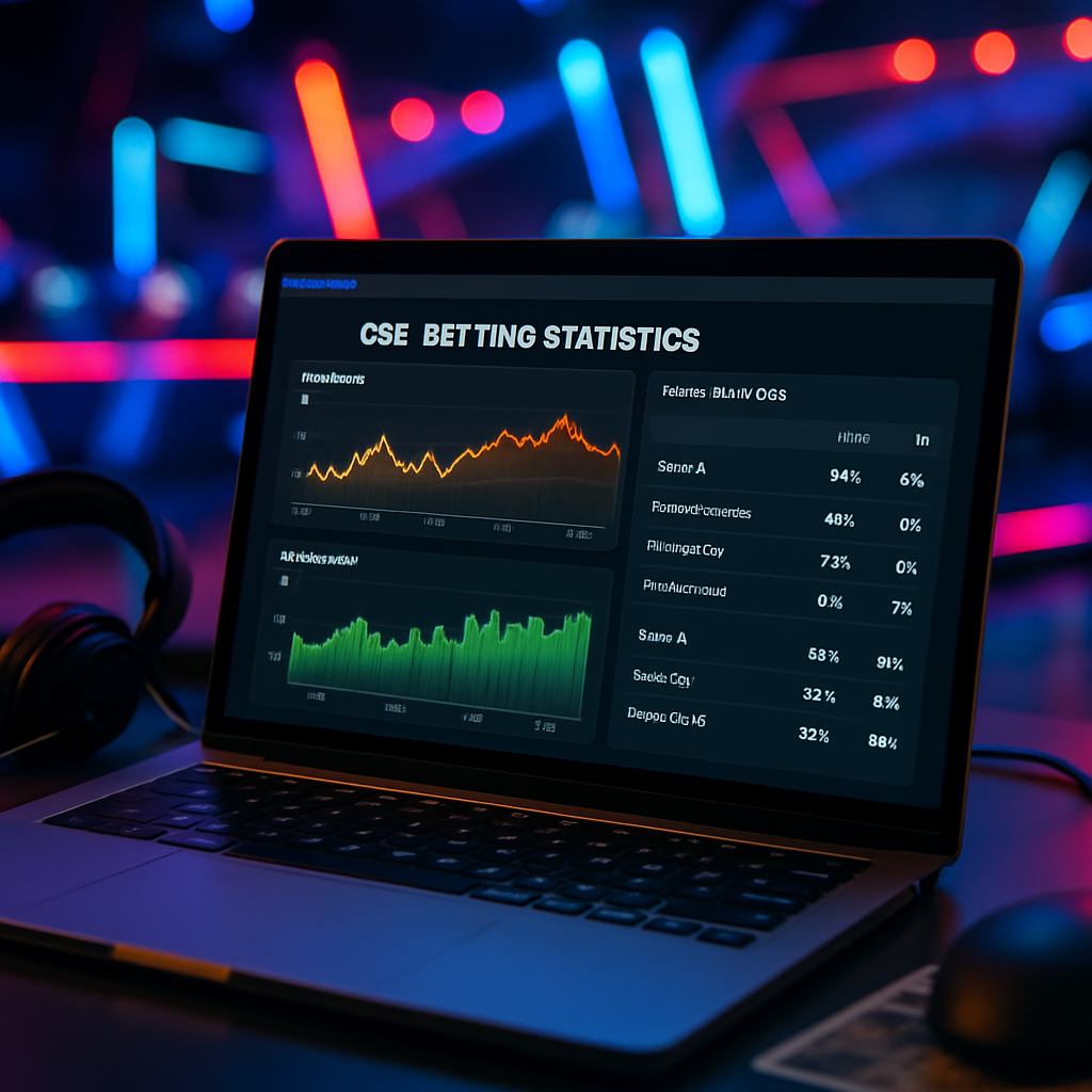 A laptop displaying betting statistics for CS2, with gaming accessories and an engaging esports