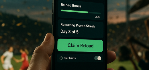 Hand holding a phone with reload bonus and promo streak UI as a women’s