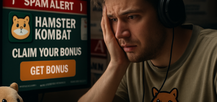 A concerned gamer looking at a computer screen filled with fake bonus ads, symbolizing