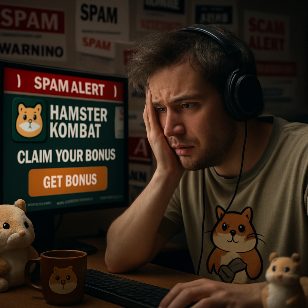 A concerned gamer looking at a computer screen filled with fake bonus ads, symbolizing